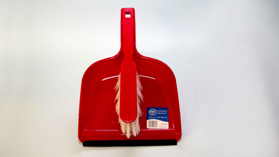 OPEN PLASTIC DUSTPAN AND BRUSH SET STIFF RED EA. 